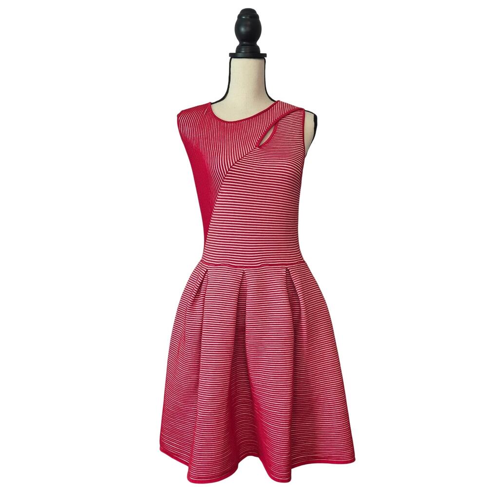 Emporio Armani Rosa Volcano Red White Stripe Cutout Ottoman Fit Flare Dress 44